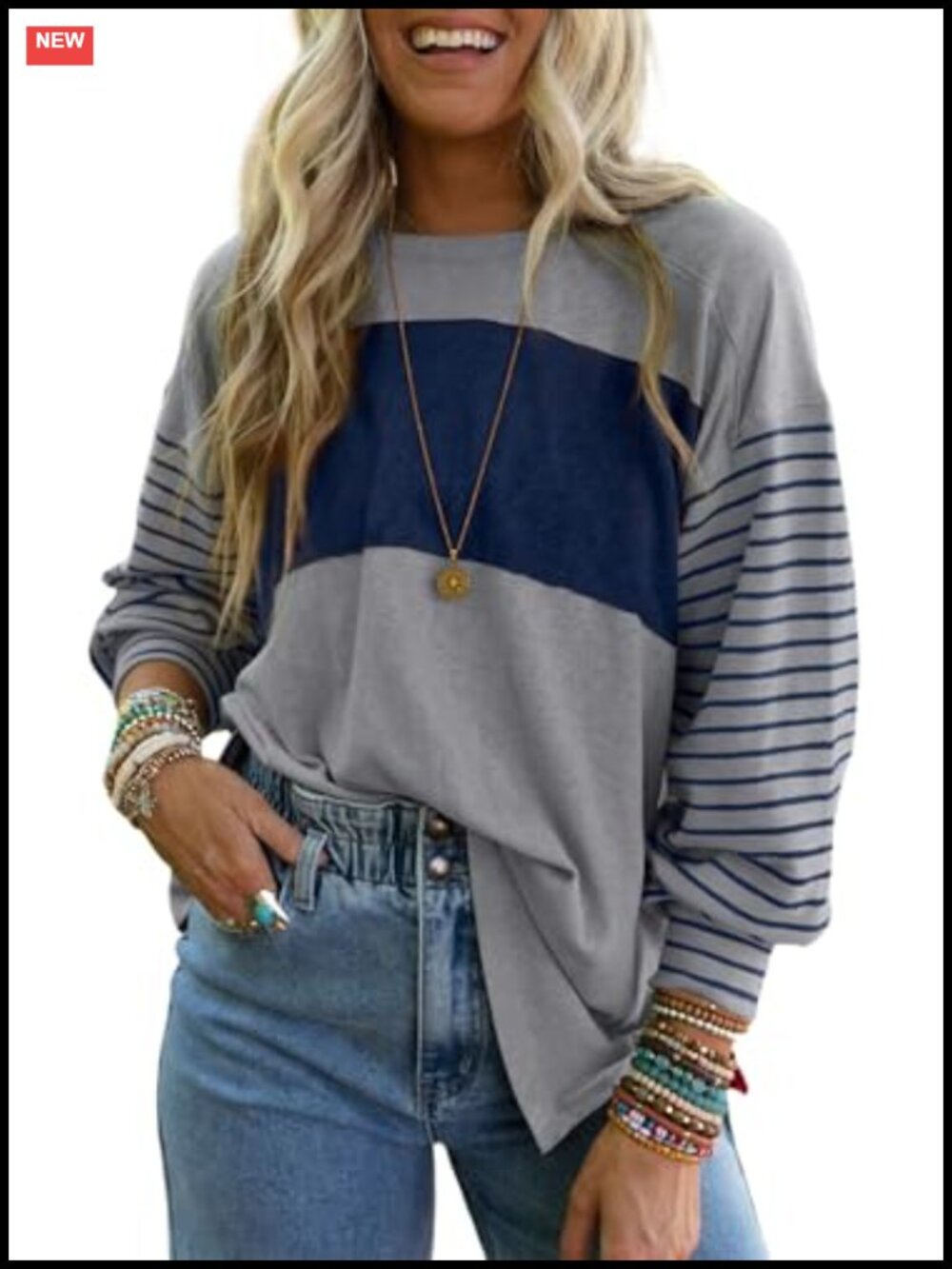 Oversized Color Block Long Sleeve Tunic Top Women's Casual Blouse